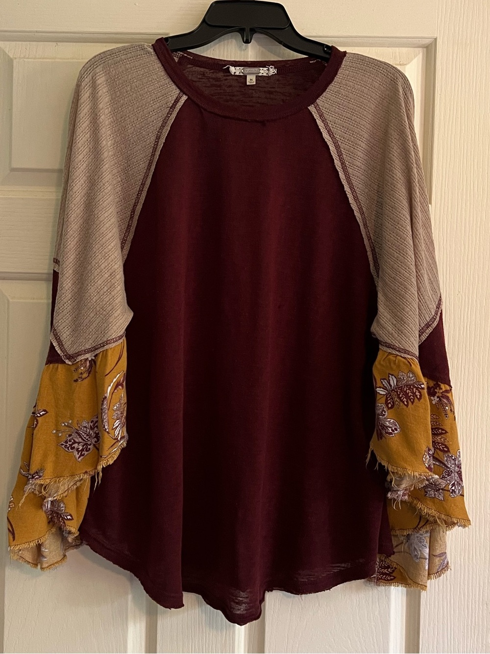 gimmicks by BKE Burgundy Raglan Top with Mustard Floral Bell Sleeves